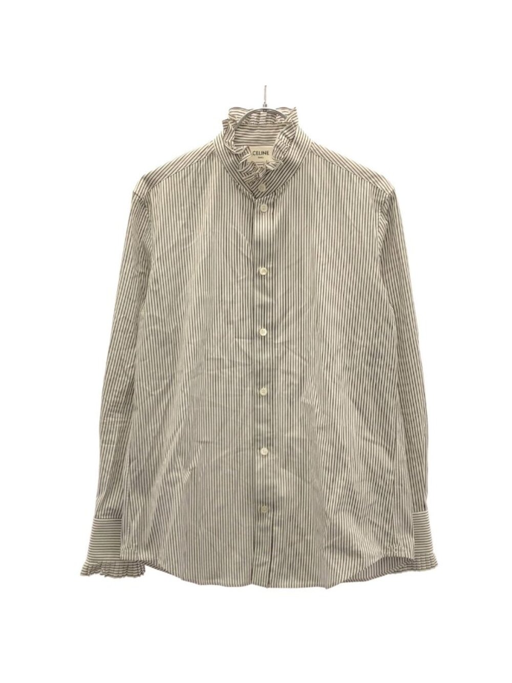 Celine Striped Frill Color Shirt White Brown 36